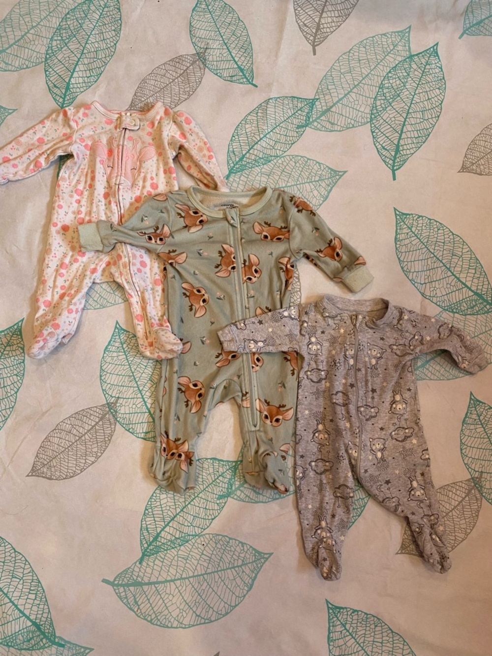 3pc Baby Footed Sleepers - Fuzzy Mint Deer, Pink Floral Giraffe & Gray Bear Set